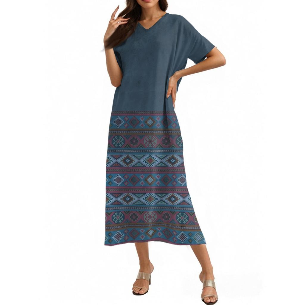 Fashion Women's Summer V-neck Short Sleeve Cotton And Linen Vintage Floral Print Beach Dress