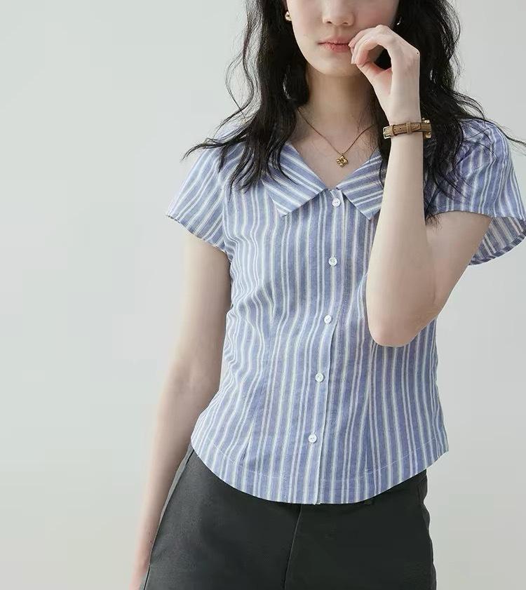 French contrasting stripes waist thin shirt women's summer new lapel literary top
