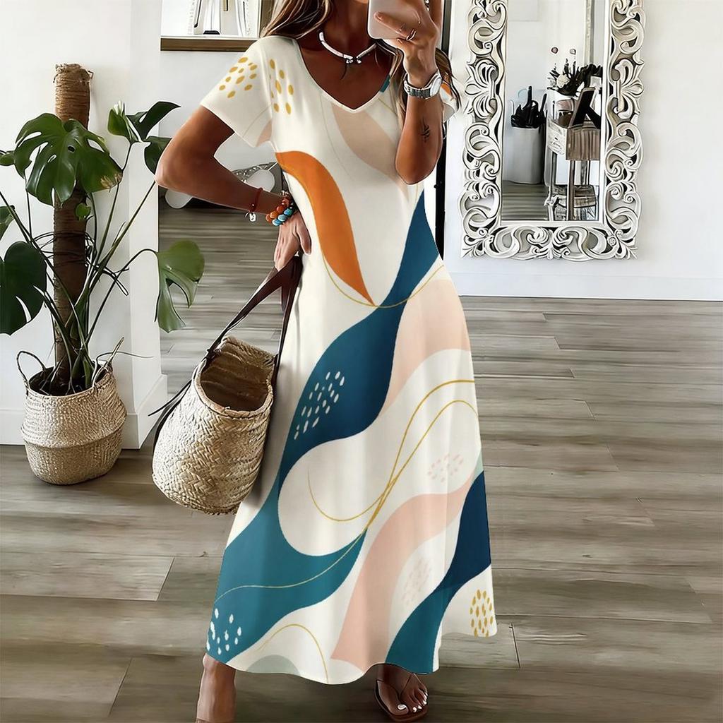 Women Plus Size V Neck Short Sleeve Abstract Printed Straight Maxi Dress