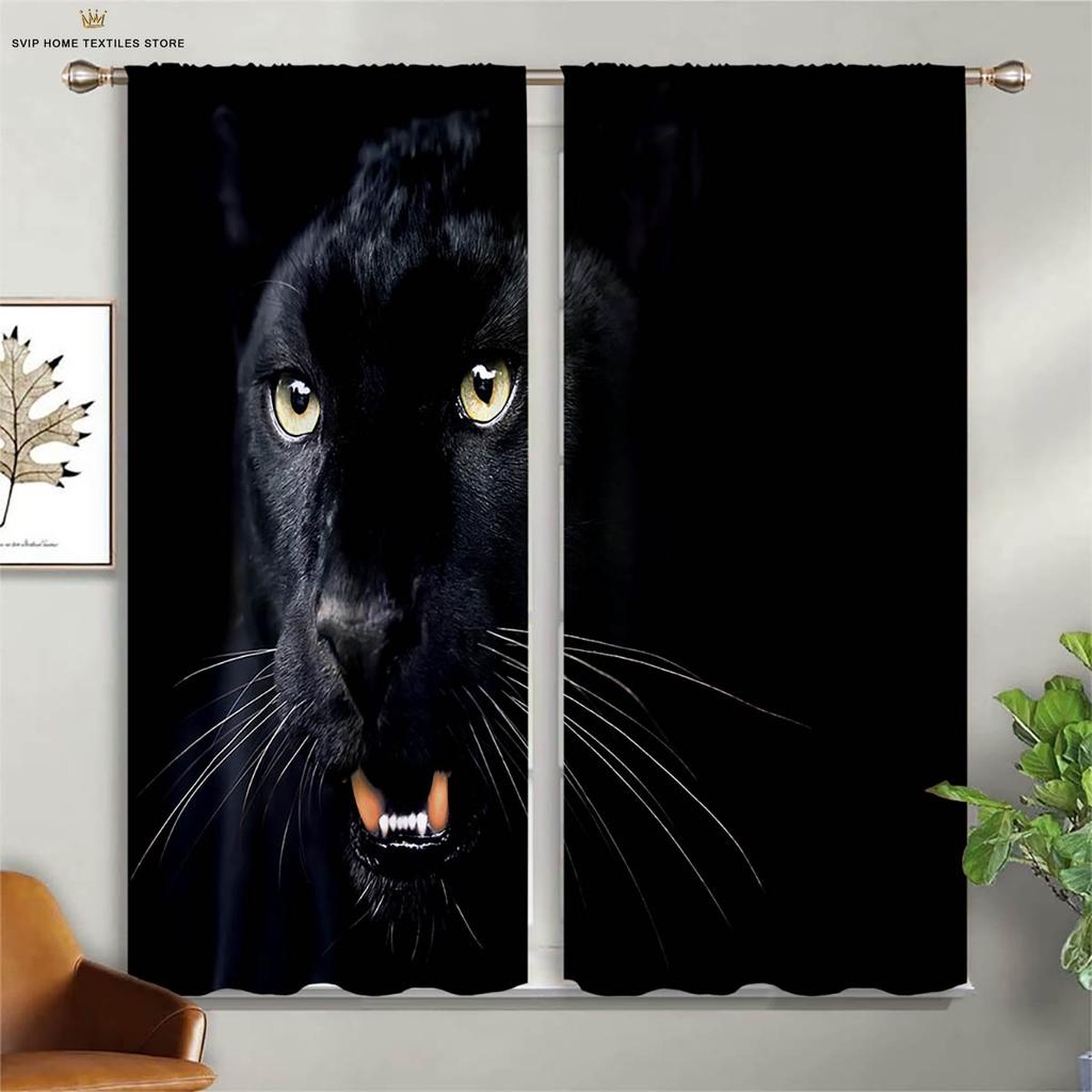 2 Pieces Of Animal Lion Black Panther 3d Printing Curtains Black Silk Blackout Heat Insulation Curtains Window Curtains