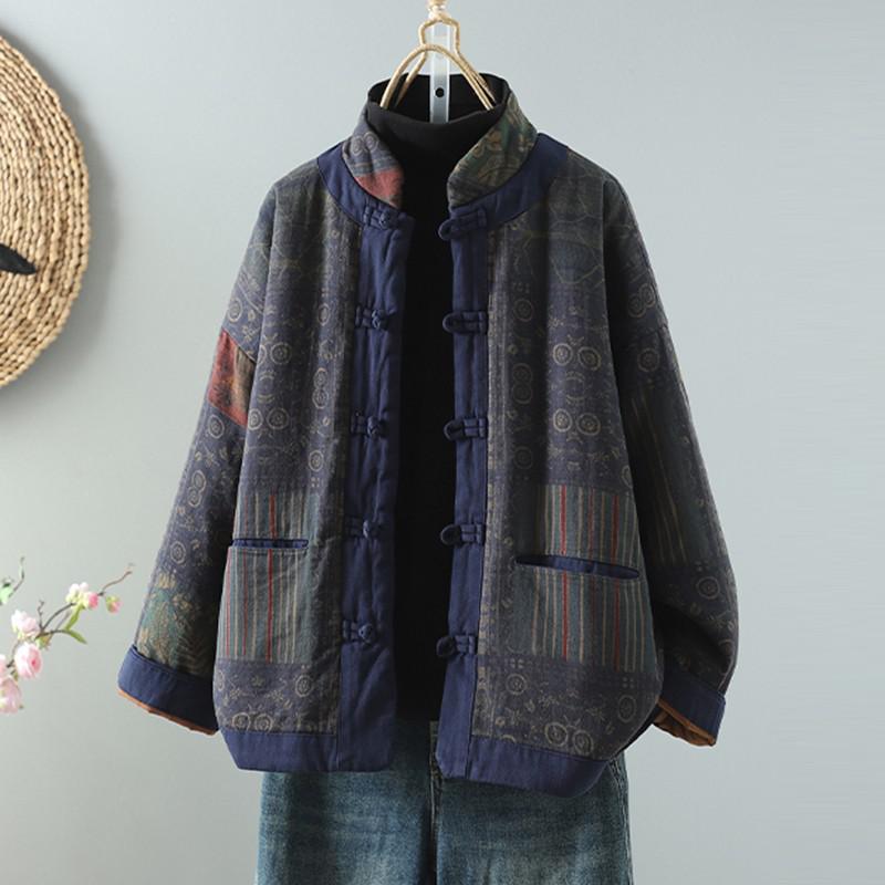 Chinese Style Padded Jackets Women Arrival Autumn Vintage Print Stand Collar Female Thick Warm Quilted Coats