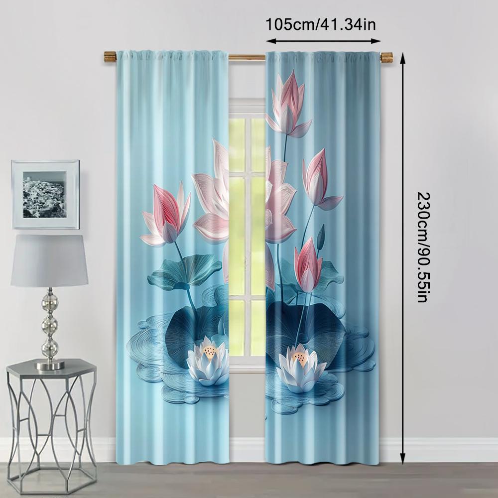 2pcs, Print Curtains 2D print light blue lotus Polyester (without rod) All Seasons for Bedroom, Living Room
