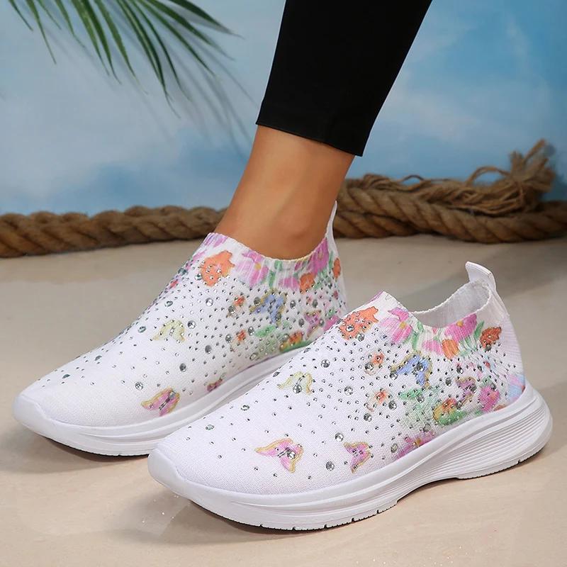 Fashion Rhinestone Decor Knitted Sneakers Women Fashion Floral Butterfly Print Casual Shoes Woman Summer Breathable Mesh Running Shoes