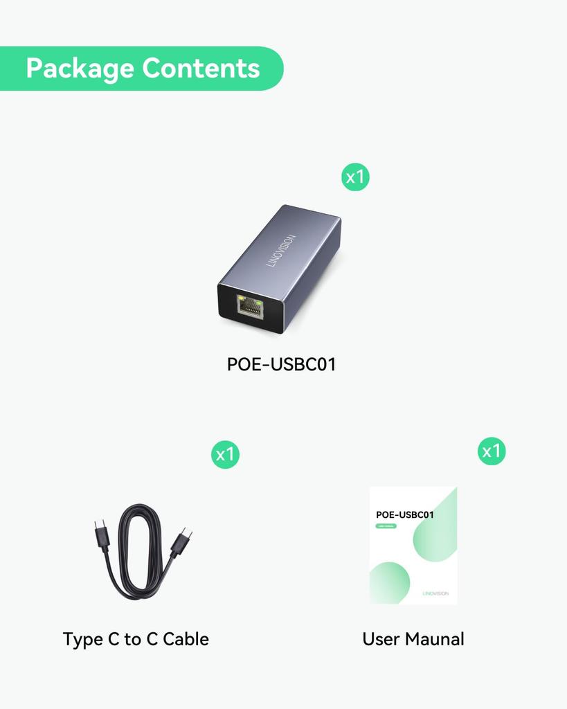 LINOVISION POE zu Daten und Laden in einem POE zu USB oder anwendbar auf Mobiltelefone und Tablets USB-C Konverter, Kabel, IEEE802.3af/at Typ-C