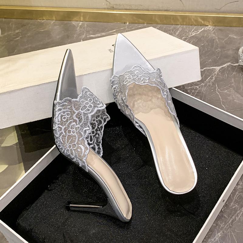 

2025 новые туфли на высоком каблуке шпильке шампанское золото вышитые сандалии вышитые полушлепанцы сексуальные остроносые банкетные сандалии женские 43 серебряный