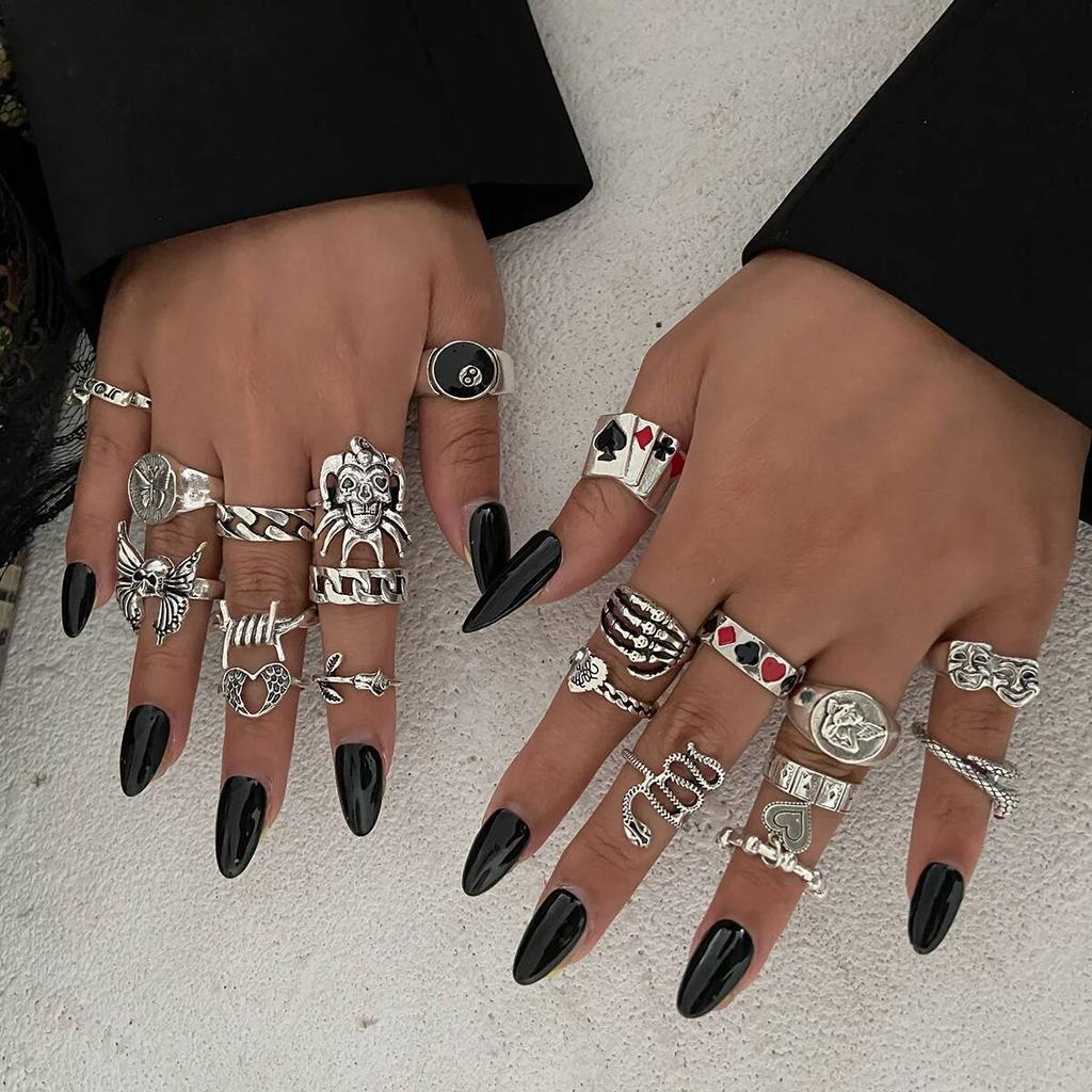 Ingemark Halloween Goth Skull Spider Snake Rings Set for Men Vintage Silver Color Big Size Rings Unisex Festival Party Jewelry