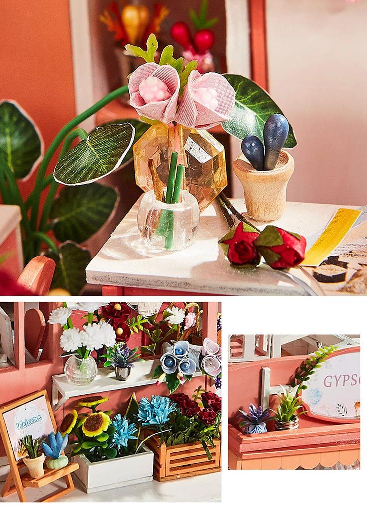 Moin Moin Puppenhaus Miniatur DIY-Bausatz Sternenhimmel Blumenladen mit Willkommens-LED Acryl und Spieluhr Set Hund, Lichter, Koffer, (2009DH197)