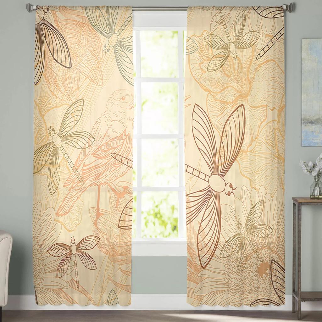 Retro Dragonfly Birds Flowers Sheer Curtain for Living Room Hall Wall Dress Up  Home Window Supplies Pop Print Tulle Curtains
