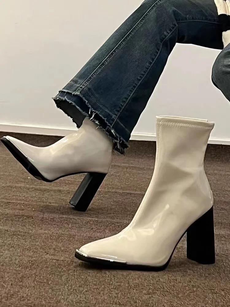 

Нові чорні лаковані чоботи 2025 року з металевим квадратним носком і високими підборами на осінь і зиму, універсальні тонкі чоботи на товстому каблуці 40