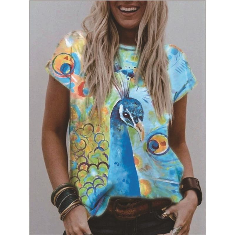 Summer Round Neck 3D Flower Print Top Fashionable Casual Short Sleeved Women's T-shirts