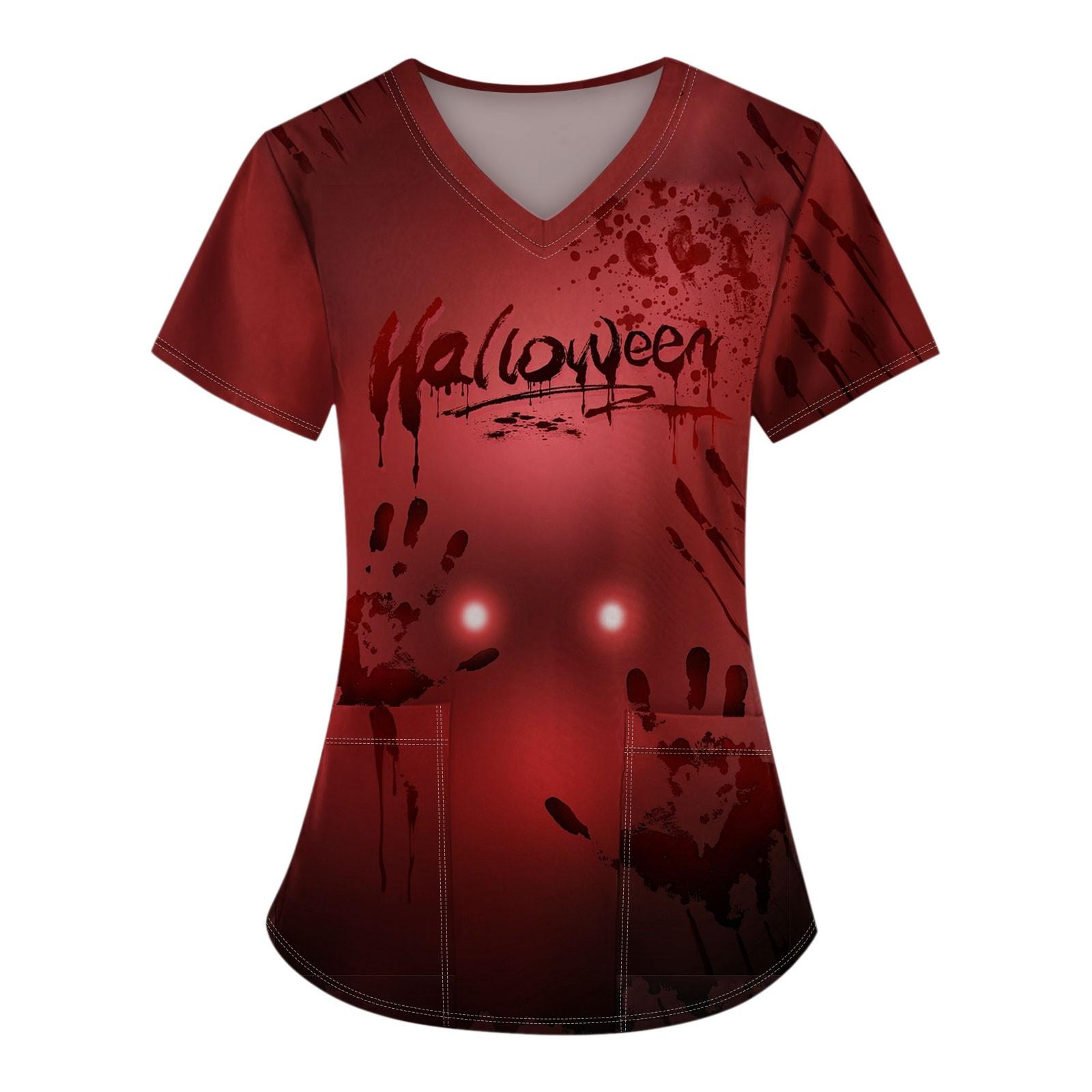 Halloween Print Nurse Uniform Women Short Sleeve V-Neck Tops Healthcare Tunic Pocket Blouse Overalls Female Uniforme Clinico S