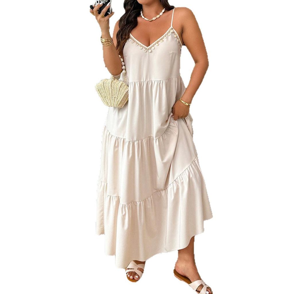 Plus Size Dress Tassel Decor Dress Travel V Neck Spaghetti Strap Loose Tiered Long Dress Fashion Elegant Comfortable Dress