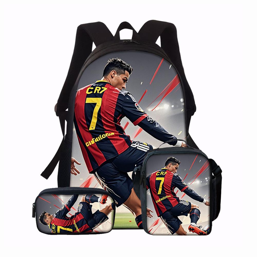 3-Piece CR7 Soccer Star Pattern Backpack Set – Large-Capacity Casual Backpack with Matching Clutch & Tote Bag, Perfect for Daily