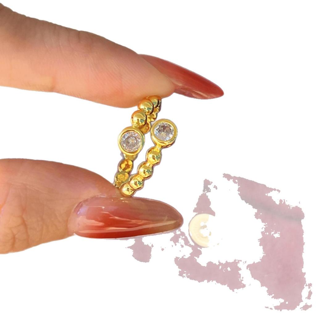 Versatile Retro Gold-Plated Open Ring with Beaded Edge & Inlaid Diamonds
