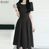ZANZEA Women Splice Round Neck Summer Casual Short Sleeve Dress