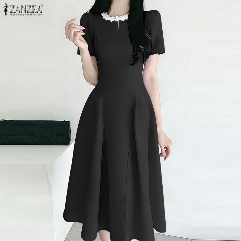 ZANZEA Women Splice Round Neck Summer Casual Short Sleeve Dress