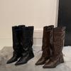 Sheepskin version~ retro pointed thick heel knight boots women's British style long boots temperament high heel trouser boots stacking boots