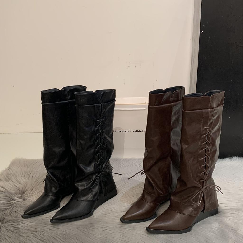 Sheepskin version~ retro pointed thick heel knight boots women's British style long boots temperament high heel trouser boots stacking boots