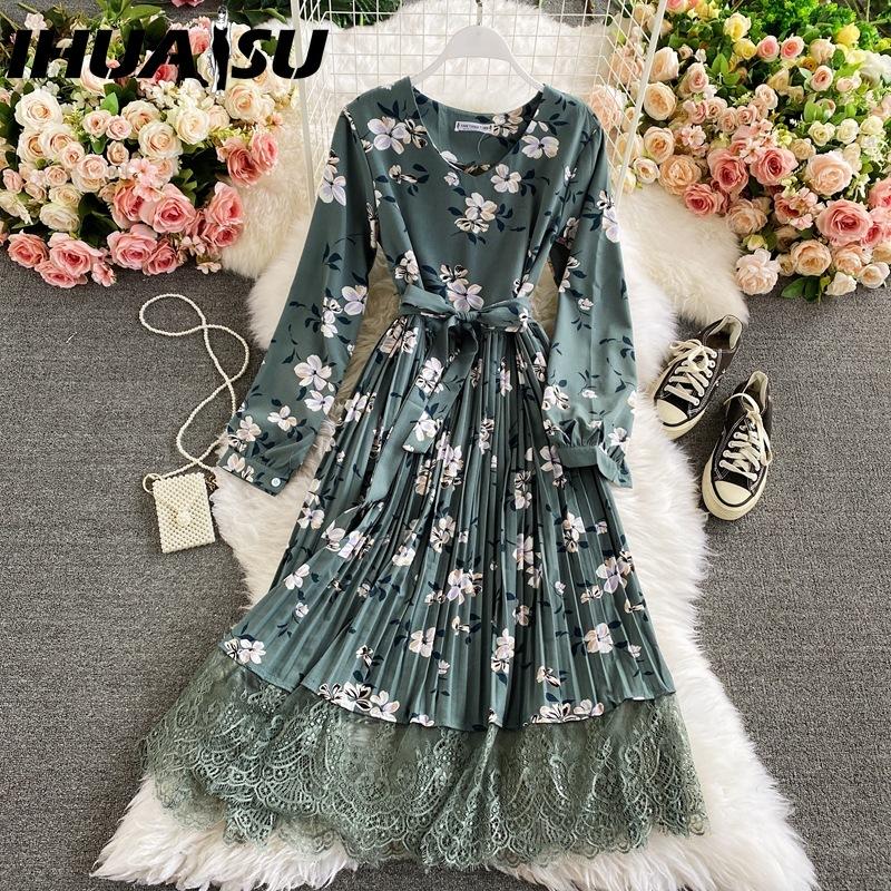 

IHUASU 10 Color Retro Floral V-Neck Halter Waist Lace Dress Colored Fashion Long Dresses one size армия зеленый