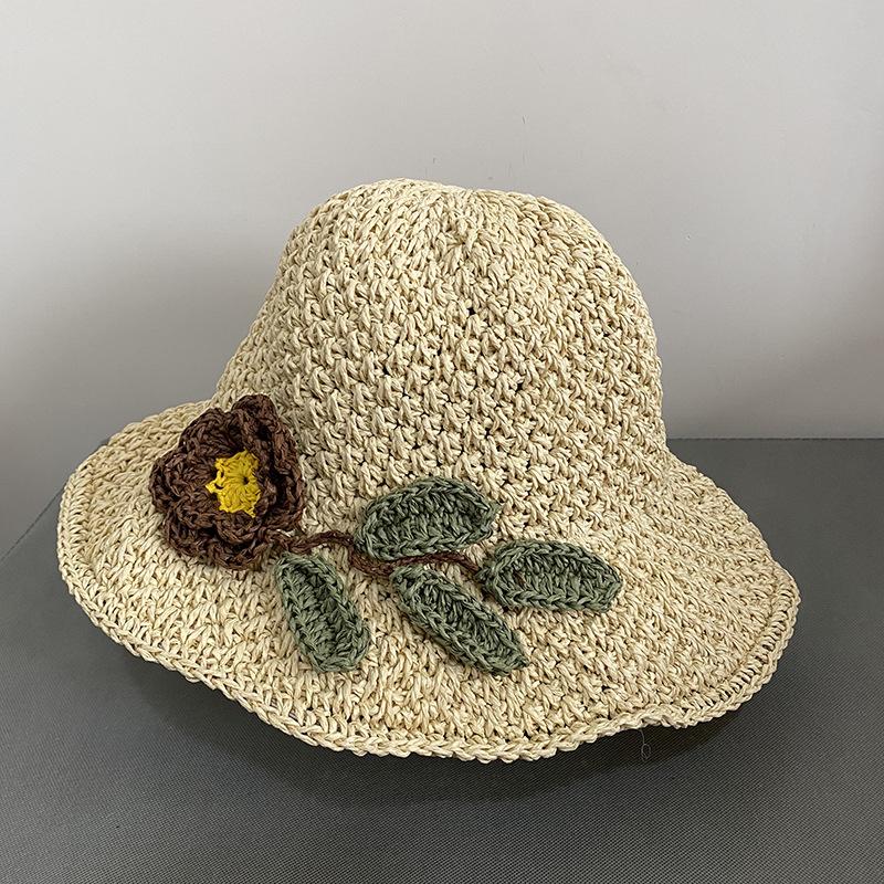 Straw hat female summer sweet handmade flower straw bucket hat ins sun visor hat sun hat travel hat