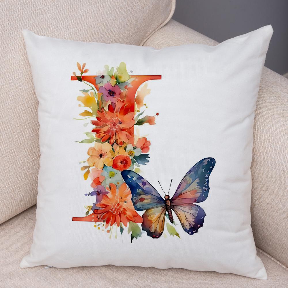 Floral Letter J Pillowcase Double Print Watercolor Letter U Cushion Cover Soft Plush Flower Letter D Pillowcase for Sofa Home