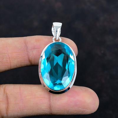 Faceted Swiss Blue Topaz Pendant Real Gemstone Pendant 925 Sterling Silver Pendant Handmade Pendant Swiss Blue Topaz Jewelry Gifts for Her