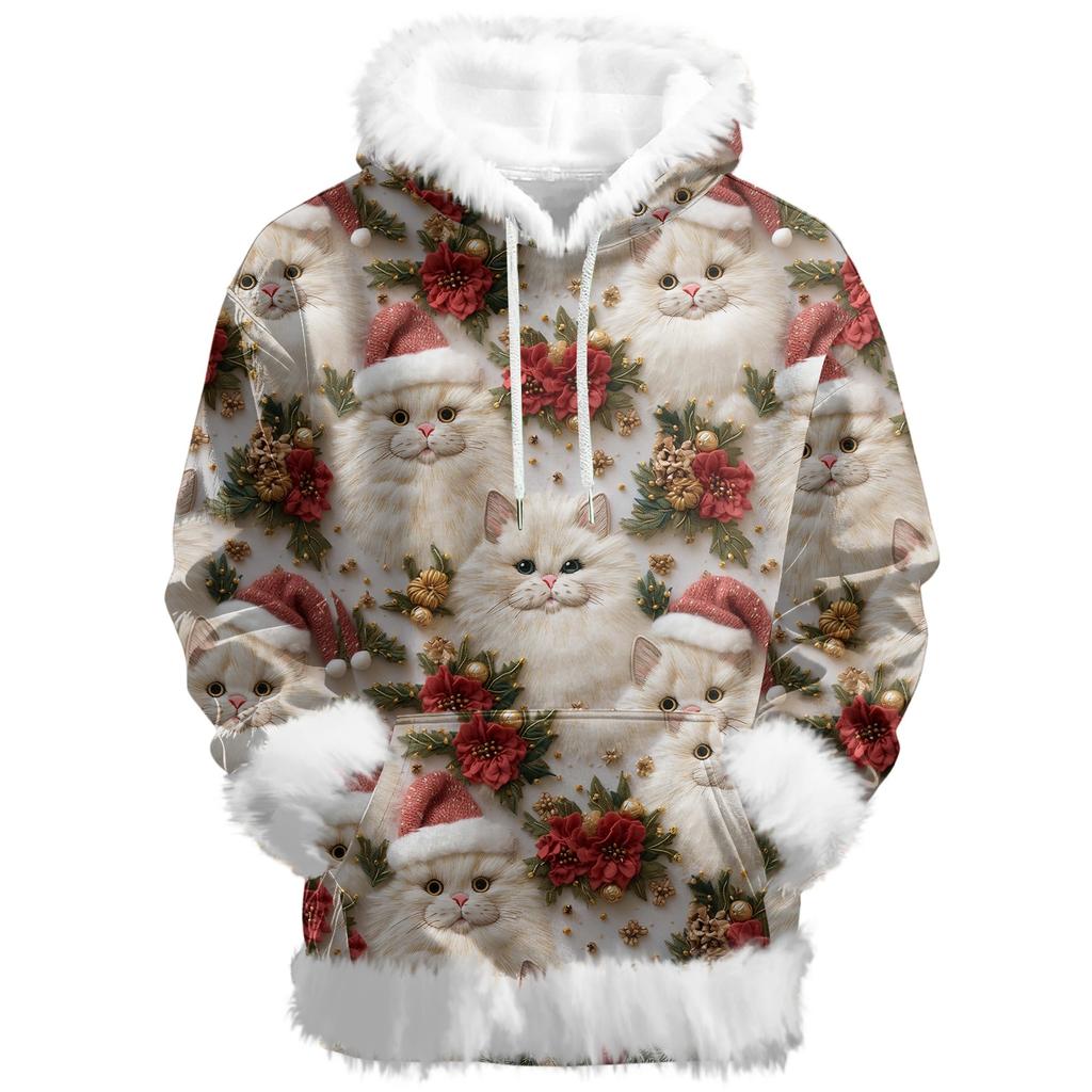 Dámská vánoční ležérní mikina s kapucí podšitá fleecem, s dlouhým rukávem a kapsami