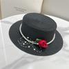 Tassel Pearl Flat Top Straw Hat Women's Summer Straw British Top Hat Travel Casual Sun Hat Outdoor Sun Protection Hat