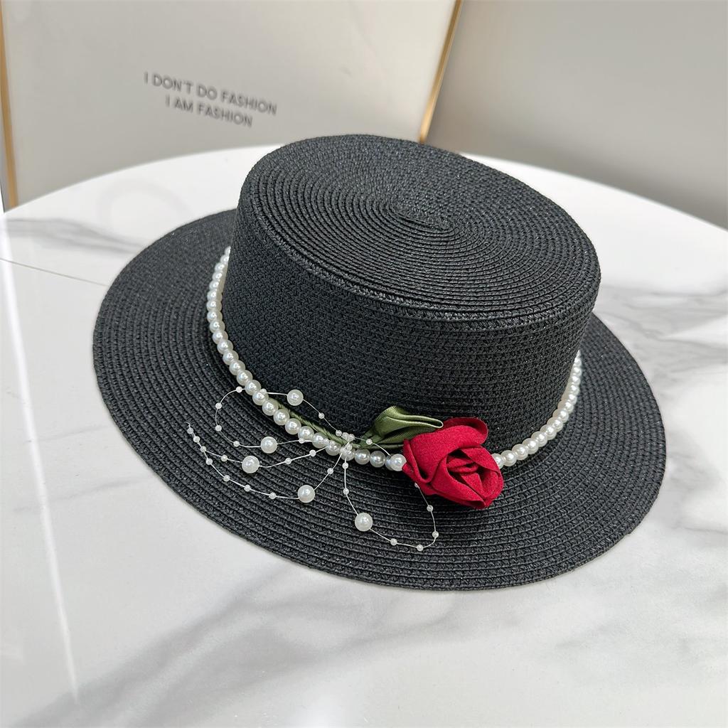 Tassel Pearl Flat Top Straw Hat Women's Summer Straw British Top Hat Travel Casual Sun Hat Outdoor Sun Protection Hat