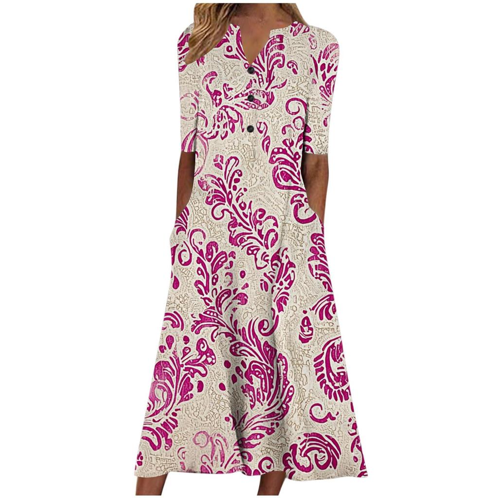 Floral Print V-Neck Mid-Sleeve Casual Dress with Pockets, Button Front, Loose Fit - White/Light Blue/Pink