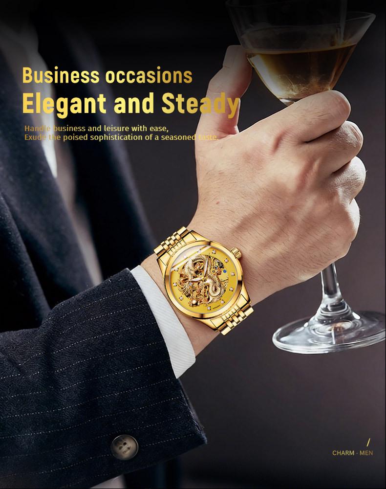NARY Gold Dragon Waterproof Stainless Steel Skeleton Automatic Watch 18028.