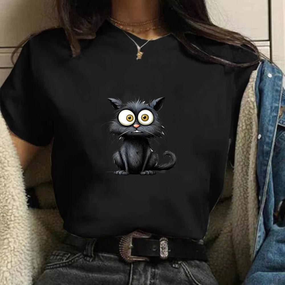 Womens Tshirt Summer Casual Crew Neck Short Sleeve Cute Cat Print Top Loose Half Sleeve Fashion Trend Clothing Womens Tshirt
