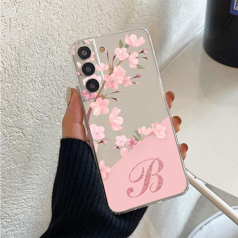 Clear Case For Samsung Galaxy S22 S20 FE S21 Plus S10 Lite S9 S8 S10e Note 20 Ultra 10 9 8 Phone Cover Flower Letter Pink A B C