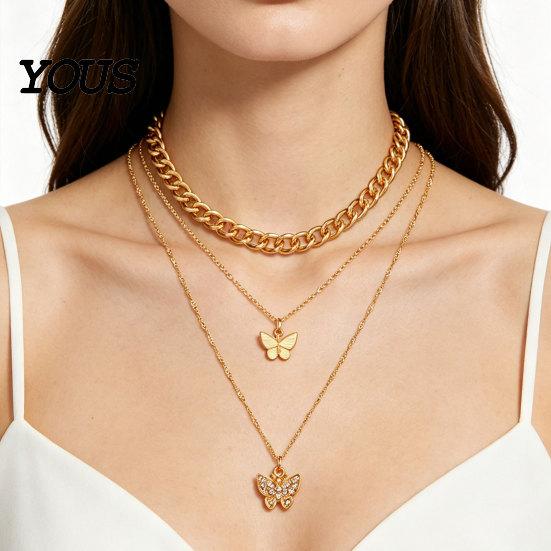 Double Butterfly Necklace 3-Layered Necklace, Women Rhinestone Pendant Chunky Chain Layered Choker, Dainty Charm Jewelry Gift for Her Trendy