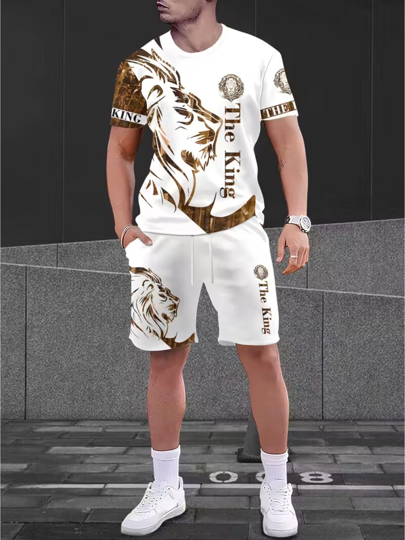 Men s Fashion Casual Printed Short Sleeve Shorts Set S