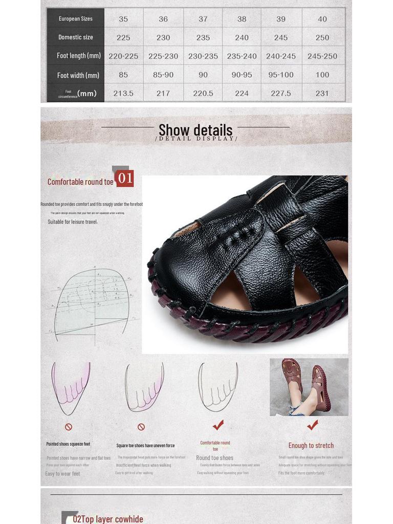 Damensandalen aus echtem Leder mit geschlossener Spitze – bequeme, rutschfeste Ballerinas für Mütter mittleren Alters und ältere Mütter, Sommerstil