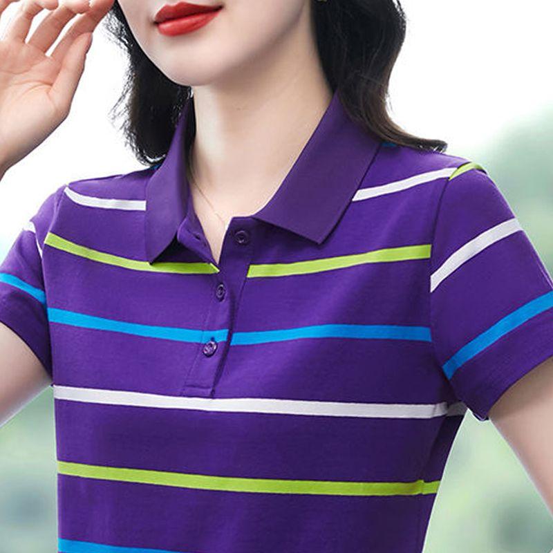 

Женская хлопковая футболка с коротким рукавом 2025 лето новейшая полосатая повседневная спортивная элегантная рубашка-поло с лацканами 4XL