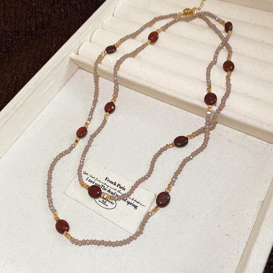 Maillard Tiger Eye Bead Round Pendant Necklace - Retro Casual Style Sweater Chain, Simple and Versatile.