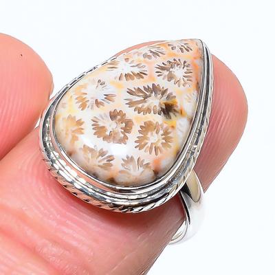 Natural Fossil Coral Gemstone Handmade 925 Solid Sterling Silver Ring S.7.5 Q9e89