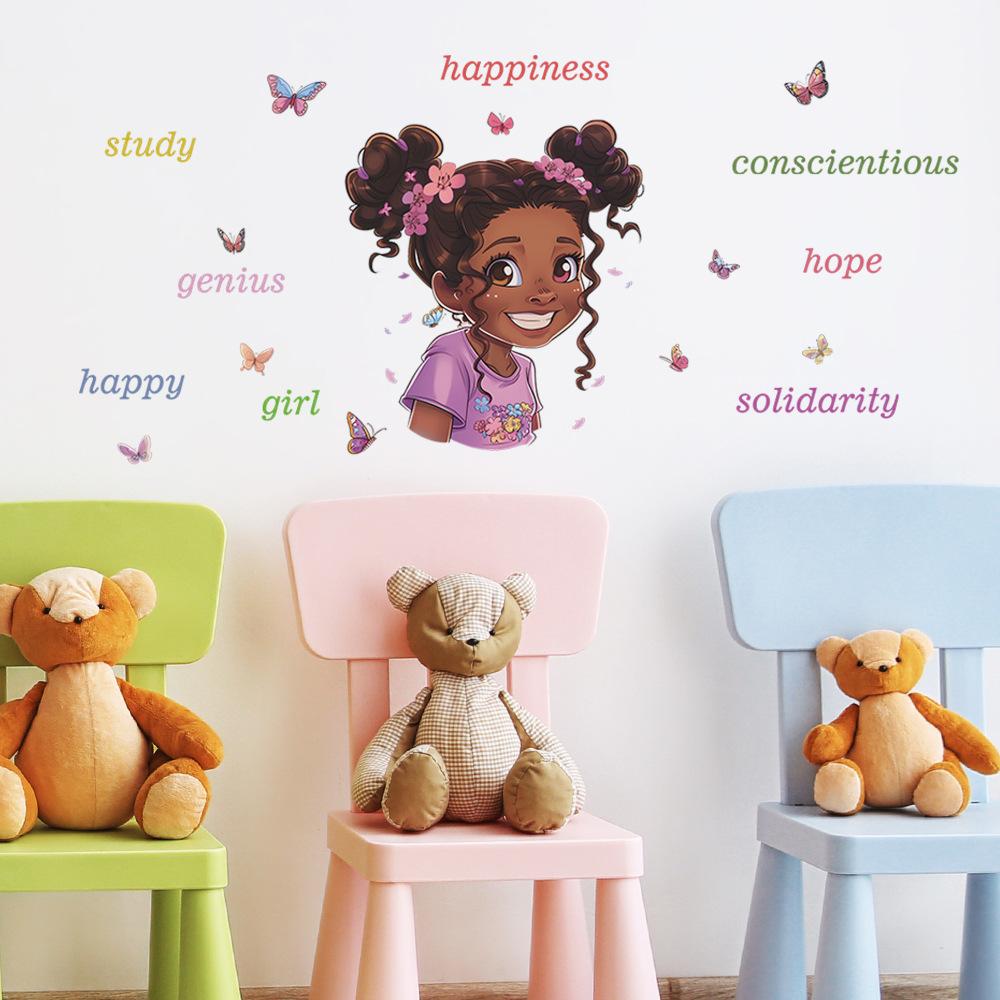 Tecknad Söt Liten Flicka Väggdekal Inspirerande Engelska Citat Motiverande Slogan Barnrum Sovrum Dekor Hemma Bakgrundsdekoration