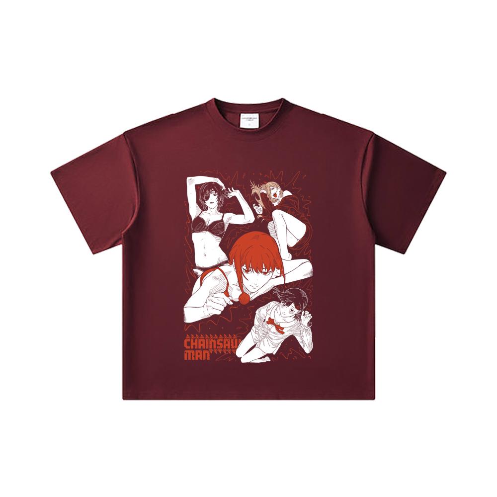 

260 GSM Double Yarn 32 Count 100% Cotton Chainsaw Man V15 Waifus Print Unisex Heavy Cotton T Shirt 2XL вина червоного кольору