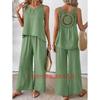 Women's O Neck Sleeveless Solid Back Cutout Tank Top Elastic Waist Wide Leg Long Pants 2 Piece Outfit Casual Daily Vacation Tracksuit Set