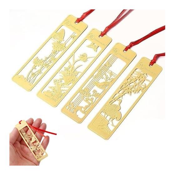 YRCR Plum Orchid Bamboo Chrysanthemum Hollow Carved Metal Bookmarks, Vintage Traditional Style Stainless Steel Bookmarks, Set of 4 (Plum, Bamboo,