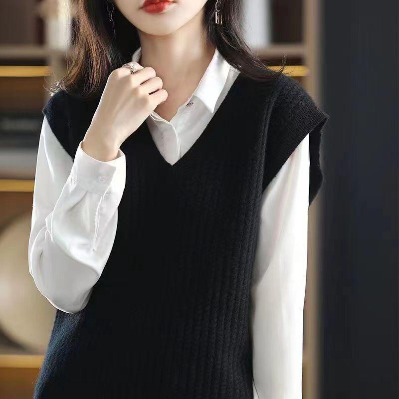 VEZFAA Pulls à col en V sans manches à imprimé couleur unie pour femme, mode décontractée, automne hiver