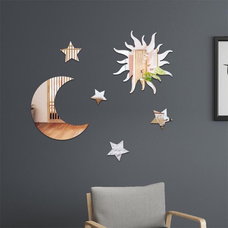 6Pcs Star Moon Combination Mirror Acrylic Stereo Self Adhesive Diy Bedroom Living Room Can Be Removed Wall Stickers