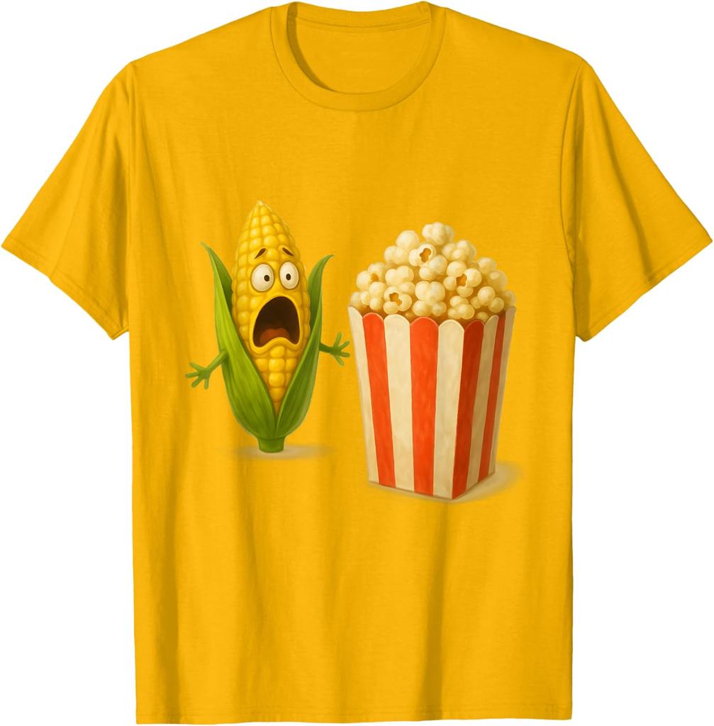 Funny Screaming Corn Popcorn Horror Food Humor Graphic Tee Casual Cotton T-Shirt for Men Women