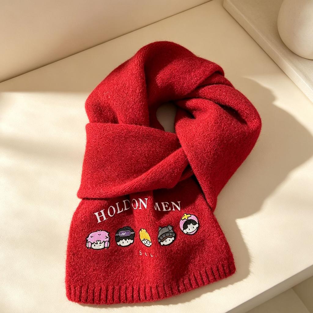 Korean-style Embroidered Cartoon Scarf Cute Design Thickened Knit Scarf, Versatile Popular Couple Neck Warmer