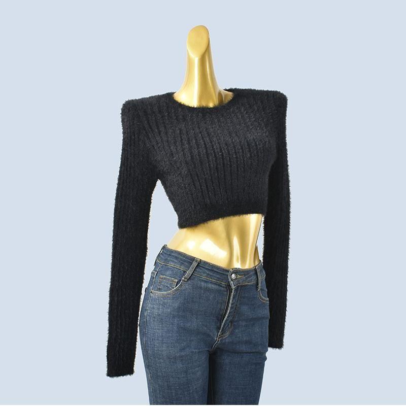 High Quality Thick Round Neck Ultra Short Long Sleeves Slim Fit Midriff-Baring Imitation Mink Knitting Bottoming Shirt Fall and Winter Women Pullover