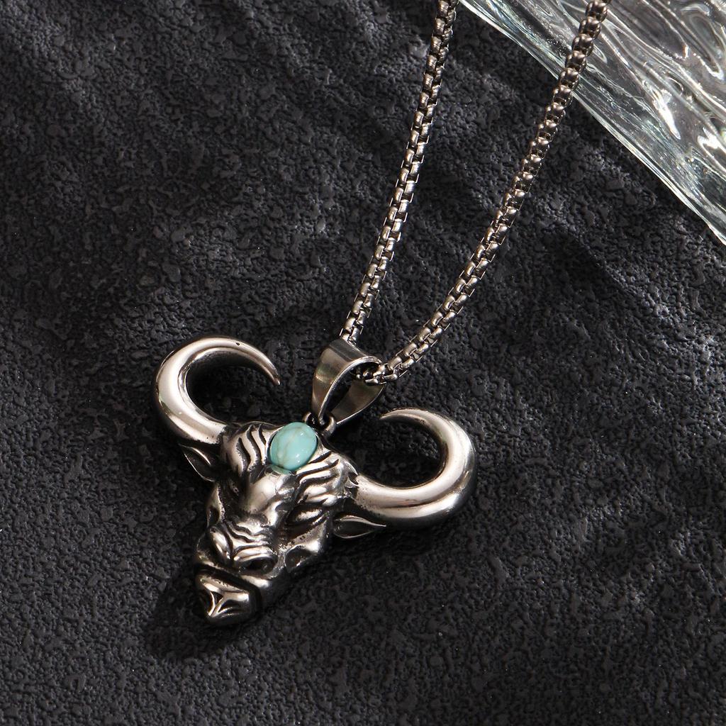 Men's Distressed Long Box Chain Necklace with Stainless Steel Faux Turquoise Bull Head Pendant