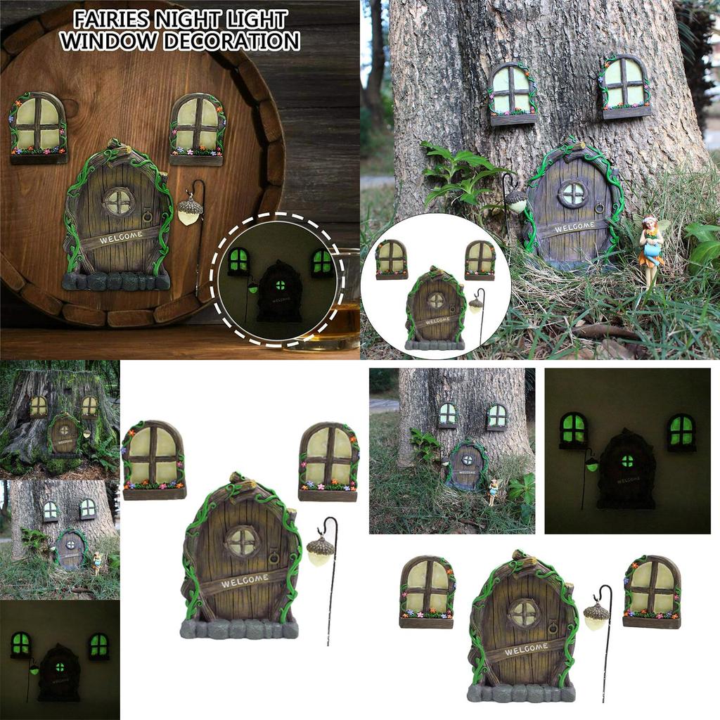 Fairy Miniature 4pcs Tree Door Window Door Glow Gnome Elf Home Sculpture Statues